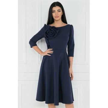 Rochie MBG office din stofa bleumarin cu floare pe bust