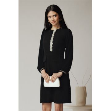 Rochie Moze office din stofa neagra cu maneci din voal si broderie pe bust