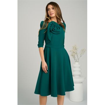 Rochie office din stofa verde cu floare pe bust