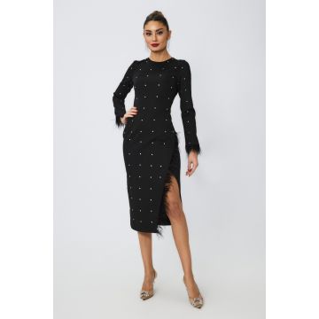 Rochie de ocazie din crepe cu strass-uri si pene Connie Neagra