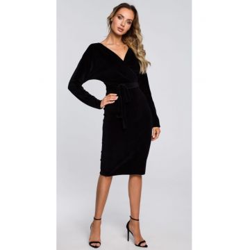 Rochie din catifea cu partea de sus invelita si curea - negru