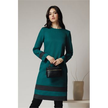 Rochie DY Fashion office din stofa verde cu benzi negre