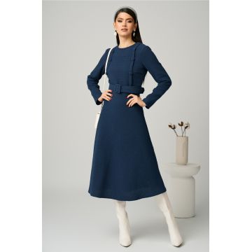 Rochie DY Fashion office din tweed bleumarin cu nasturi pe bust si curea in talie