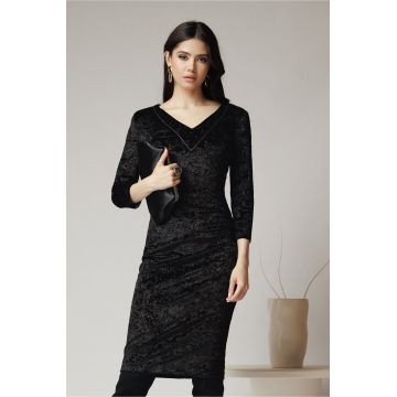 Rochie eleganta din catifea neagra cu imprimeu maro