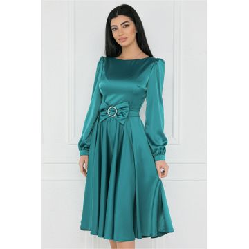 Rochie eleganta din satin turcoaz cu funda in talie