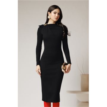 Rochie eleganta din stofa neagra cu brosa si funda la umar