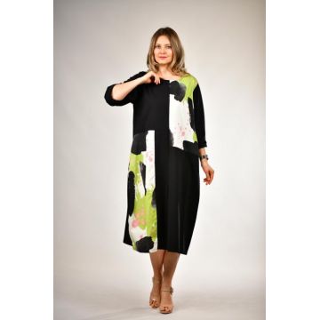 Rochie lunga A-line neagra cu insertii print verde, din jerseu de bumbac