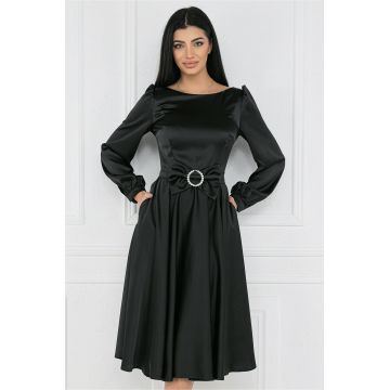 Rochie MBG eleganta din satin neagra cu funda in talie