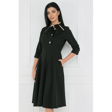 Rochie MBG office din stofa neagra cu nasturi la bust si guler cu funda