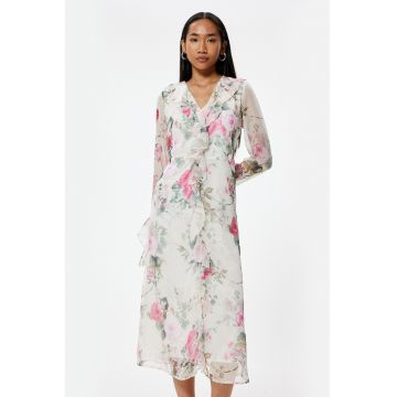 Rochie midi cu model floral si volane