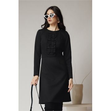 Rochie Moze office din stofa neagra cu flori la bust