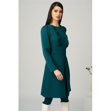 Rochie Moze office din stofa verde cu volane pe bust