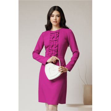 Rochie Moze office din stofa violet cu flori la bust