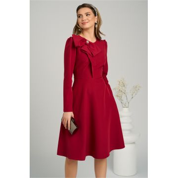 Rochie office din stofa bordo cu funda maxi la bust