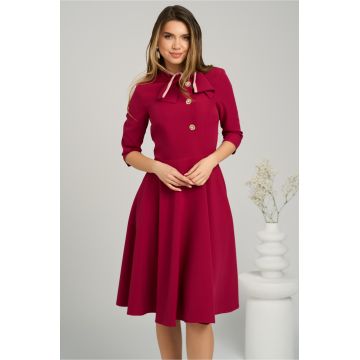 Rochie office din stofa magenta cu nasturi la bust si guler cu funda