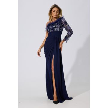 Rochie de ocazie tip one shoulder cu broderie si pene Geminna Bleumarin