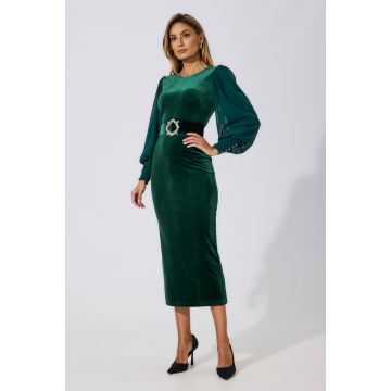 Rochie de ocazie din catifea cu maneci din voal Rayna Verde