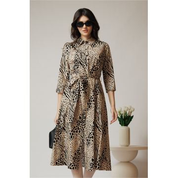 Rochie de zi tip camasa din bumbac bej cu animal print si cordon in talie