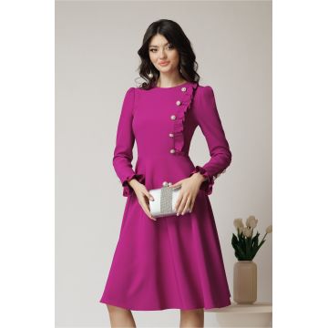 Rochie DY Fashion eleganta din stofa magenta cu nasturi si volanase