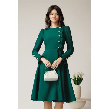 Rochie DY Fashion eleganta din stofa verde cu nasturi si volanase