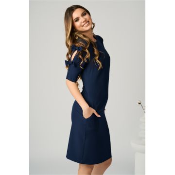 Rochie DY Fashion office din stofa bleumarin cu funde pe maneci