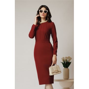 Rochie DY Fashion office din stofa bordo cu detalii cusute pe bust