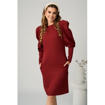 Rochie DY Fashion office din stofa bordo cu nasturi pe maneci