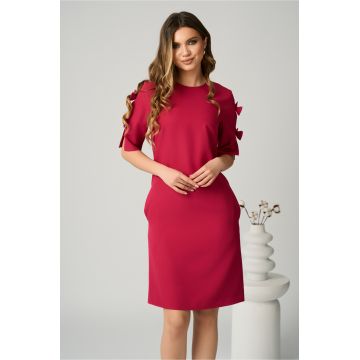 Rochie DY Fashion office din stofa fucsia cu funde pe maneci