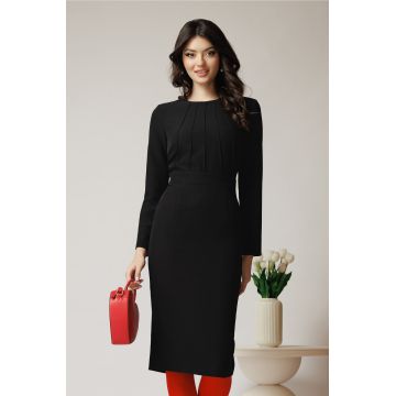 Rochie DY Fashion office din stofa neagra cu detalii cusute pe bust