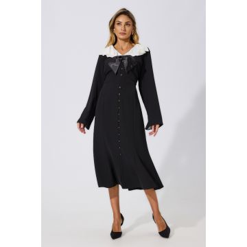 Rochie eleganta din crepe cu butoni si funda Marisell Neagra