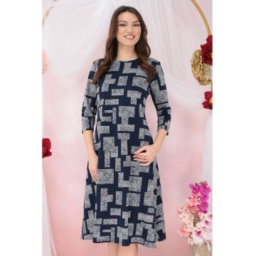 Rochie evazata din jerse bleumarin cu model geometric gri