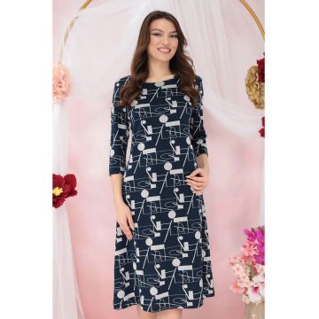 Rochie evazata din jerse bleumarin cu print abstract gri