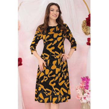 Rochie evazata din jerse negru cu print abstract orange