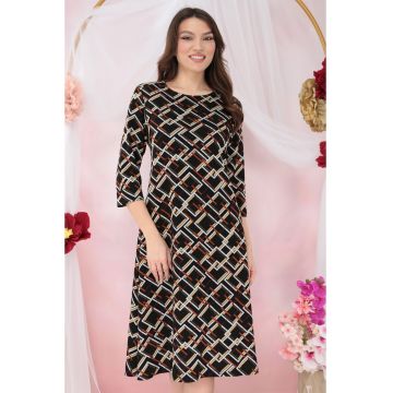 Rochie evazata din jerse negru cu print geometric caramiziu