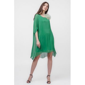 Rochie midi, dreapta, din matase naturala, cu funda pe spate, verde