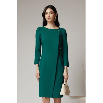 Rochie office din stofa verde cu accesoriu discret