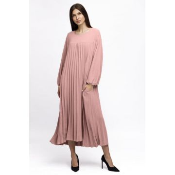 Rochie plisata A-line cu maneca lunga cu elastic, roz prafuit