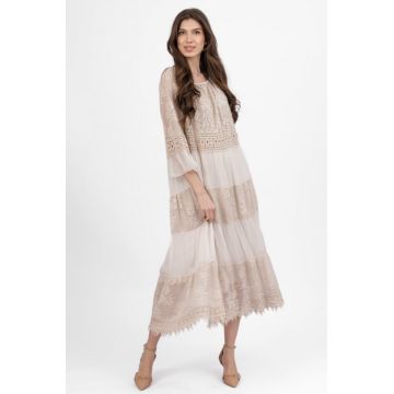 Rochie boho bej, lunga cu volane, din matase cu dantela