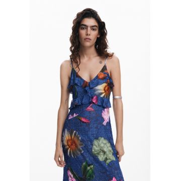 Rochie cu volane - model floral si terminatie asimetrica