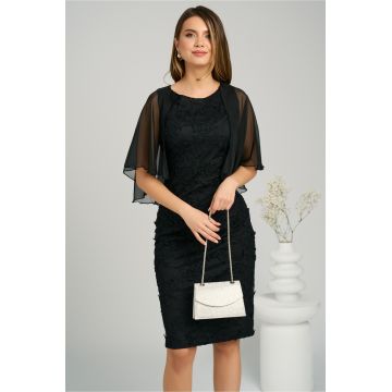 Rochie DY Fashion eleganta din dantela neagra cu flori si maneci din voal