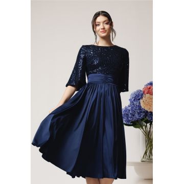 Rochie DY Fashion eleganta din satin bleumarin cu paiete la bust