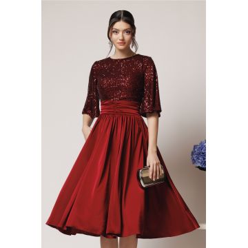 Rochie DY Fashion eleganta din satin bordo cu paiete la bust