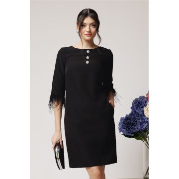 Rochie DY Fashion eleganta din stofa neagra cu nasturi la bust si pene la maneci