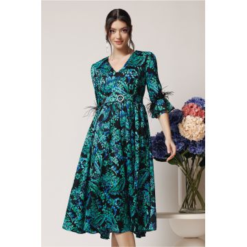 Rochie DY Fashion eleganta din voal neagra cu imprimeuri florale turcoaz si pene la maneci