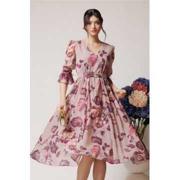 Rochie DY Fashion eleganta din voal roz cu imprimeuri florale si pene la maneci