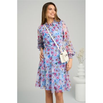 Rochie DY Fashion vaporoasa din voal bleu cu imprimeuri florale fucsia si orange