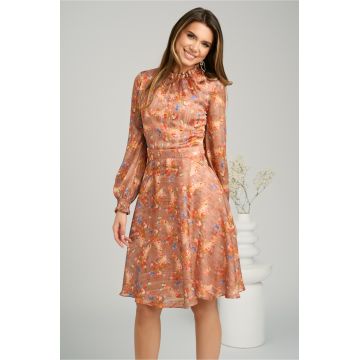 Rochie DY Fashion vaporoasa din voal caramizie cu imprimeuri florale