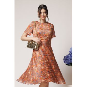 Rochie DY Fashion vaporoasa din voal maro cu flori orange