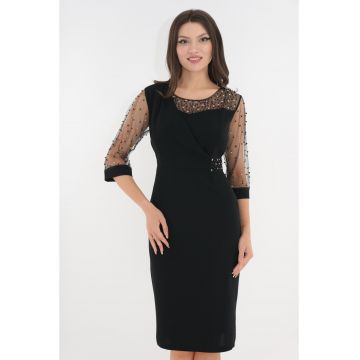 Rochie eleganta neagra cu maneci din mesh cu strasuri