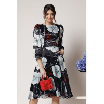 Rochie Ella Collection Dasha de zi din satin neagra cu imprimeuri albe